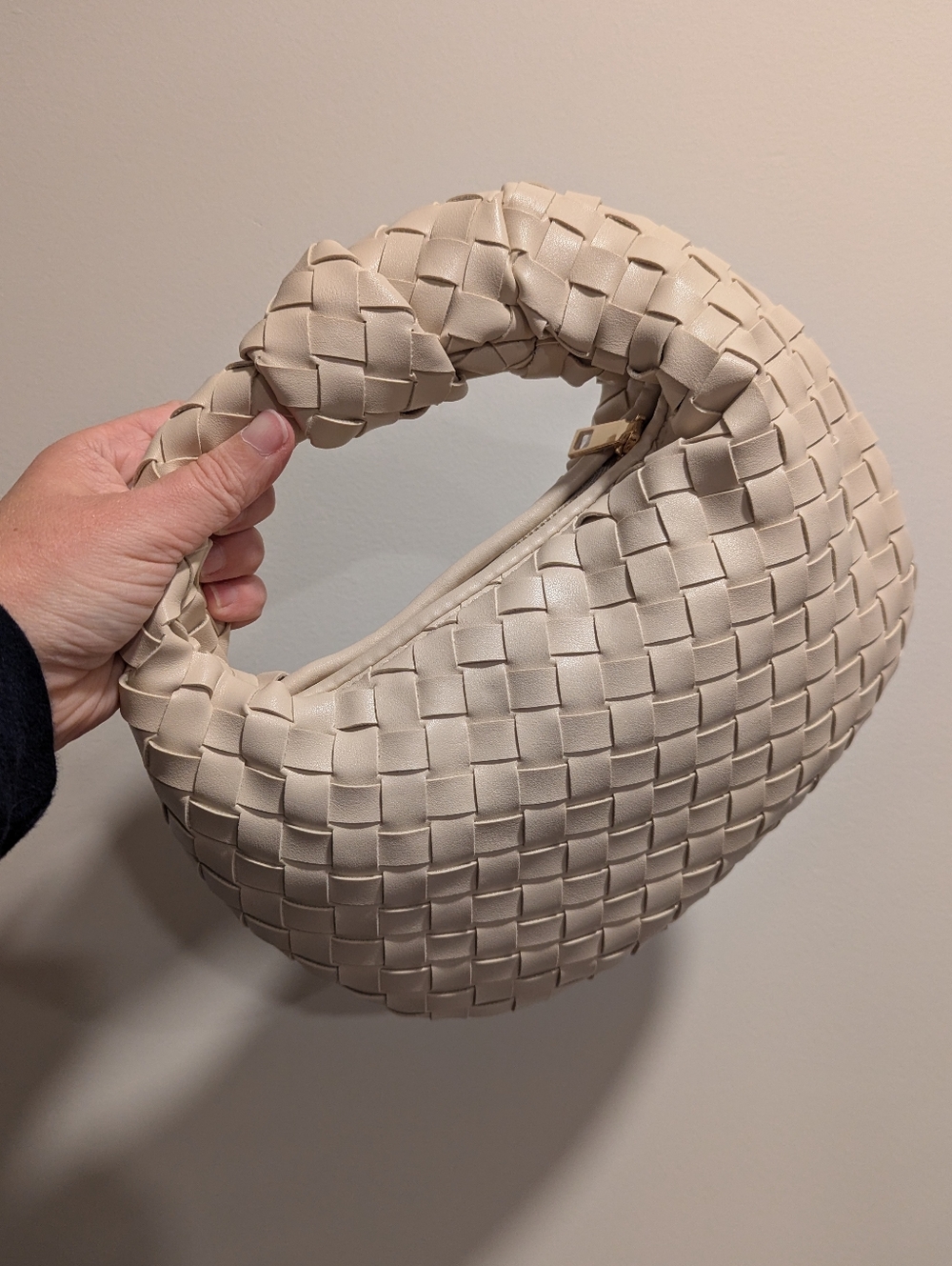 Urban Expressions Cream Woven Crescent Bag with Gold Zipper